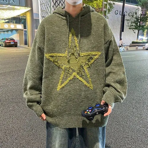 Advbridge -  Harajuku Sweaters Men Winter Casual Regular Fit Hooded Sweaters Men Pullovers Knitted Five-pointed Star Men Fashion 2023 B141