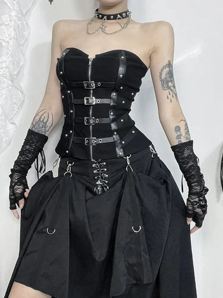 Alt Crop Zipper Gothic Goth Patchwork PU Harajuku Top