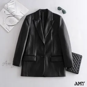 Amy Fashion - Long PU Faux Leather Blazers