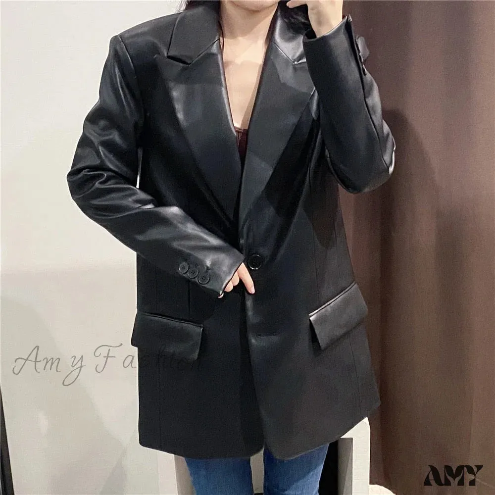 Amy Fashion - Long PU Faux Leather Blazers