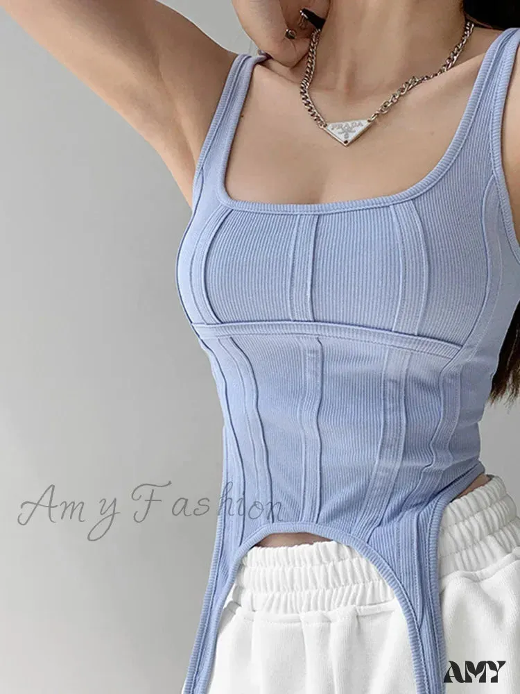 AMY FASHION - Safari Style Sleeveless Irregular Sort Tops Crop Top