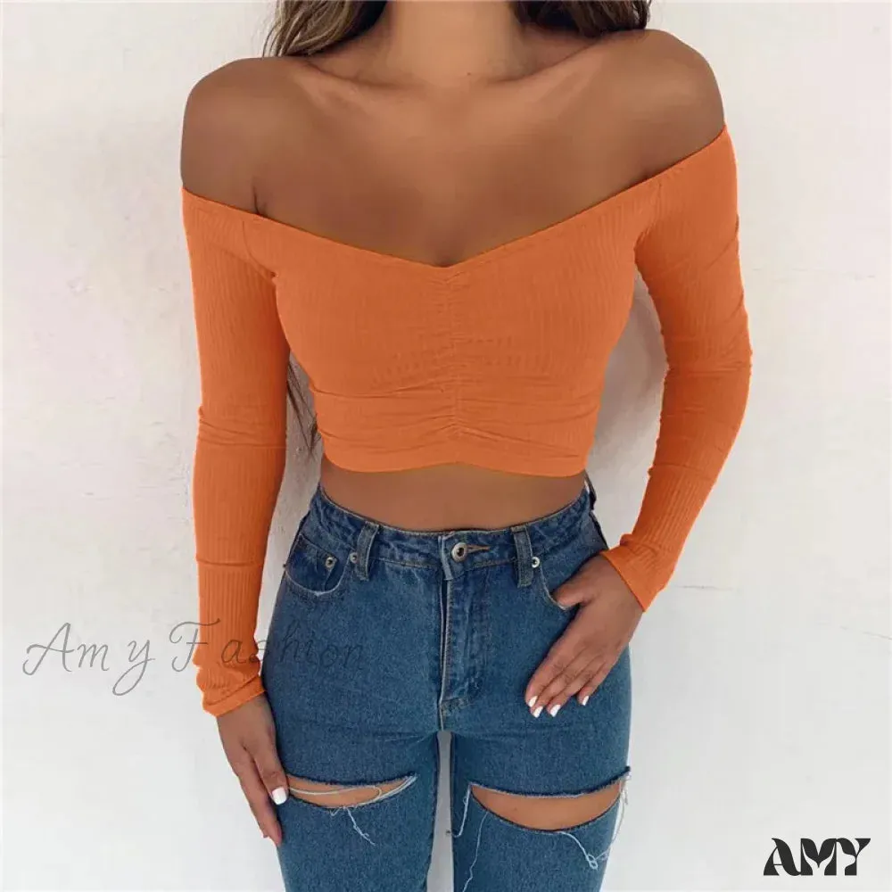 AMY - Sexy Club Fashion Off Shoulder Solid Color Autumn Crop Top