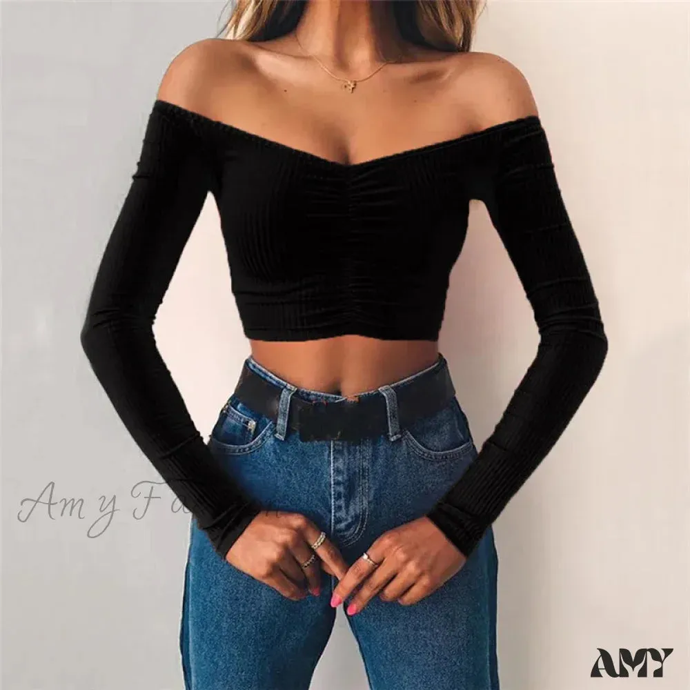 AMY - Sexy Club Fashion Off Shoulder Solid Color Autumn Crop Top