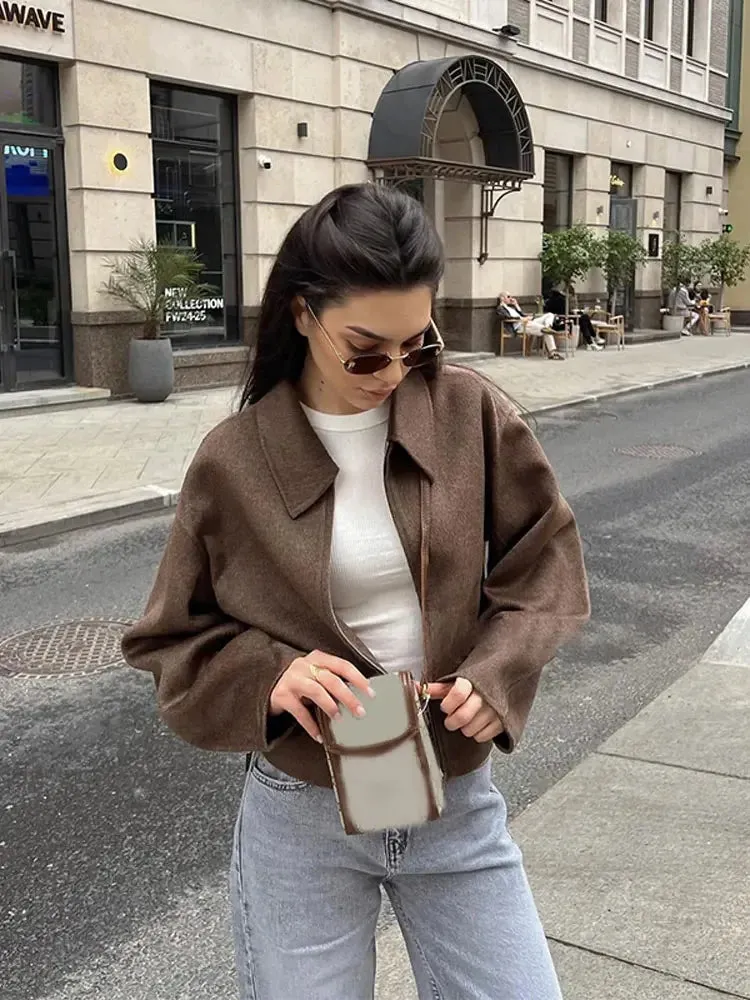 Back To School Joskaa Elegant Lapel Long Sleeves Zipper Cropped Coats Vintage Brown Woolen Blends Jacket For Women Autumn Chic Lady Street Outerwear