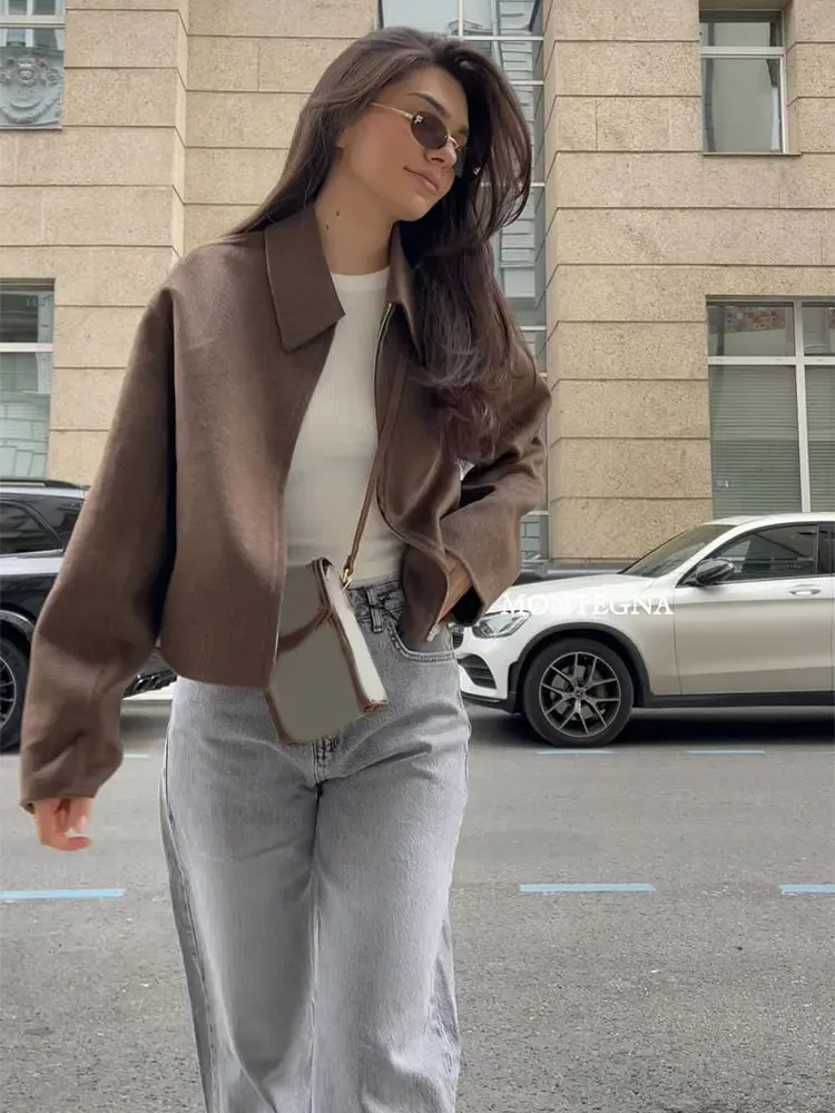 Back To School Joskaa Elegant Lapel Long Sleeves Zipper Cropped Coats Vintage Brown Woolen Blends Jacket For Women Autumn Chic Lady Street Outerwear