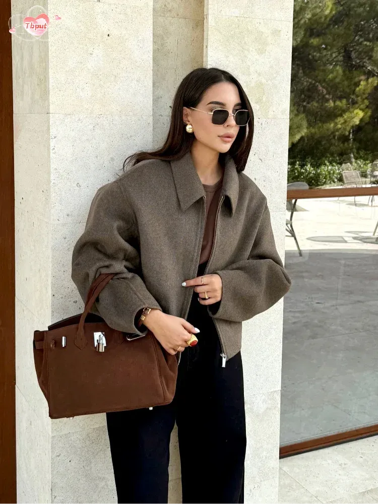 Back To School Joskaa Elegant Lapel Long Sleeves Zipper Cropped Coats Vintage Brown Woolen Blends Jacket For Women Autumn Chic Lady Street Outerwear