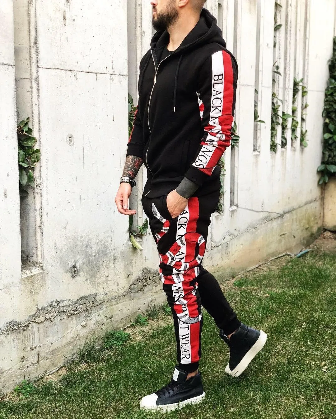 Black Striped Snake Printed Tracksuit B358 Streetwear Tracksuit