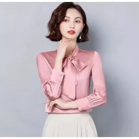 Bow Collar Silk Satin Shirts Blouses 