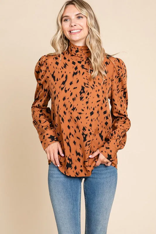 Camel Leopard Print Long Sleeve Cowl Neck Shirts Blouses