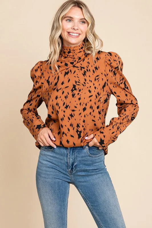 Camel Leopard Print Long Sleeve Cowl Neck Shirts Blouses