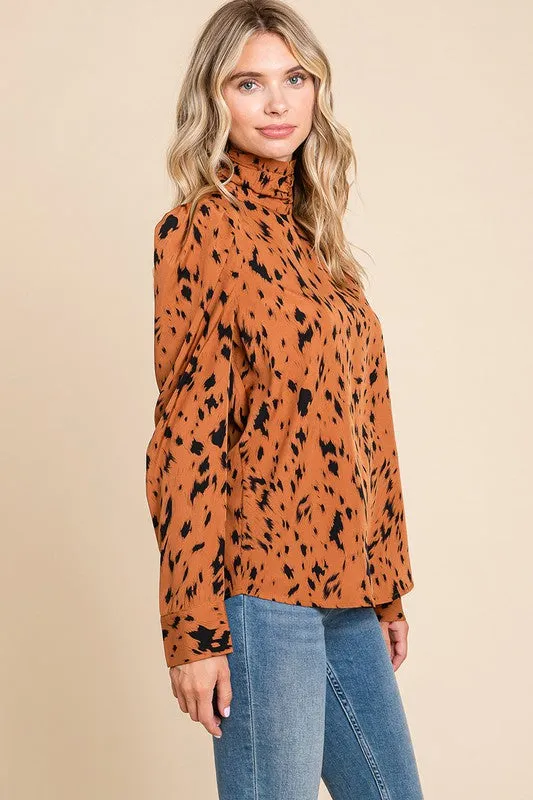 Camel Leopard Print Long Sleeve Cowl Neck Shirts Blouses