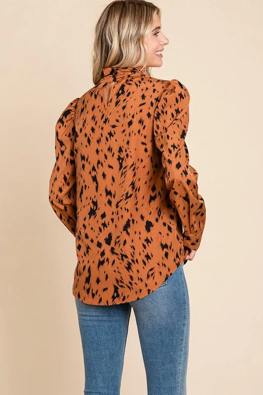 Camel Leopard Print Long Sleeve Cowl Neck Shirts Blouses