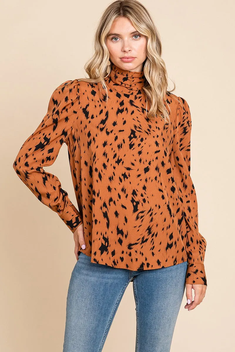 Camel Leopard Print Long Sleeve Cowl Neck Shirts Blouses