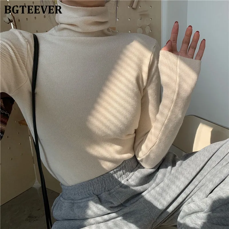 Christmas Gift Joskaa Casual Warm Turtleneck Sweaters for Women 2024 Autumn Winter Skinny Full Sleeve Ladies Knitted Pullovers Female Tops