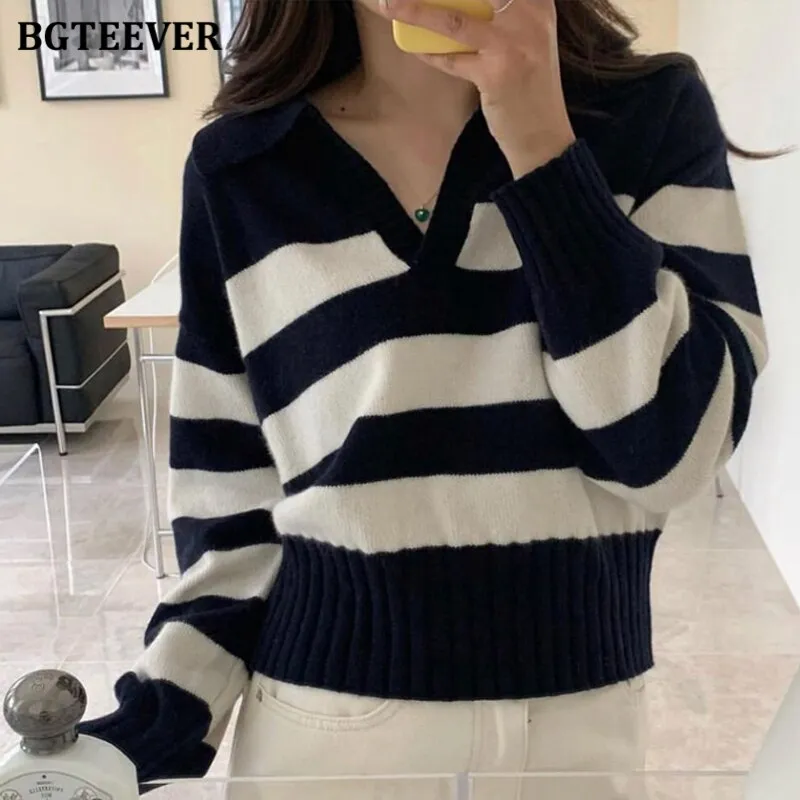 Christmas Gift Joskaa Chic Casual Lapel Knitted Striped Women Sweater 2024 Autumn Winter Ladies Knitwear Long Sleeve Loose Female Pullovers