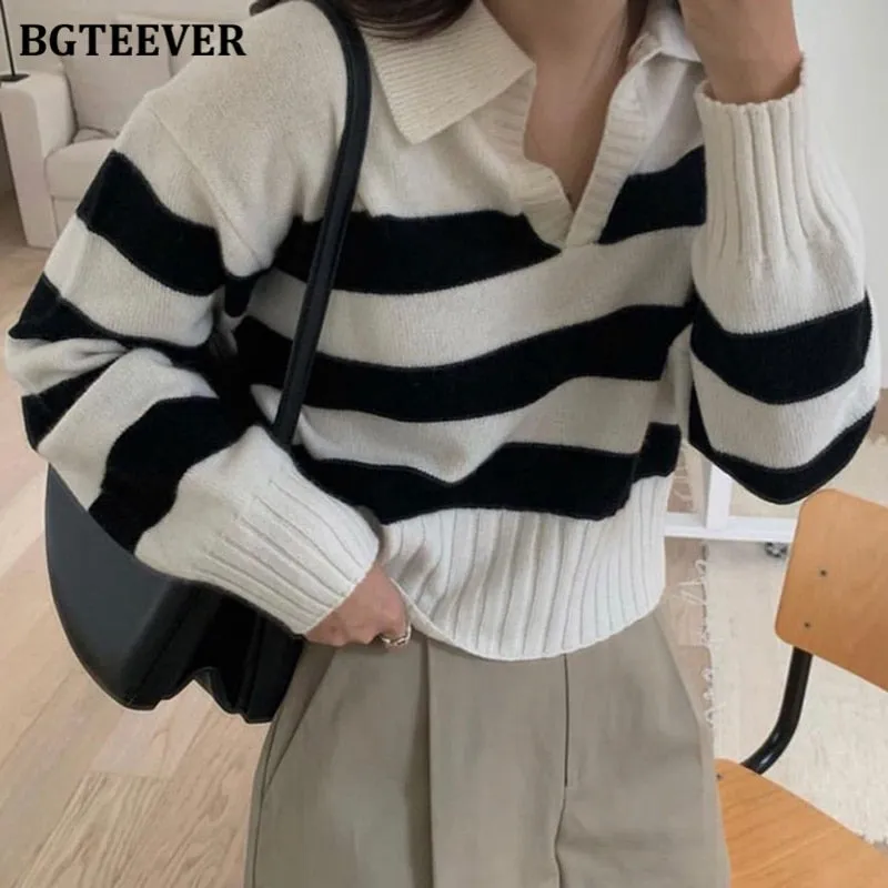 Christmas Gift Joskaa Chic Casual Lapel Knitted Striped Women Sweater 2024 Autumn Winter Ladies Knitwear Long Sleeve Loose Female Pullovers