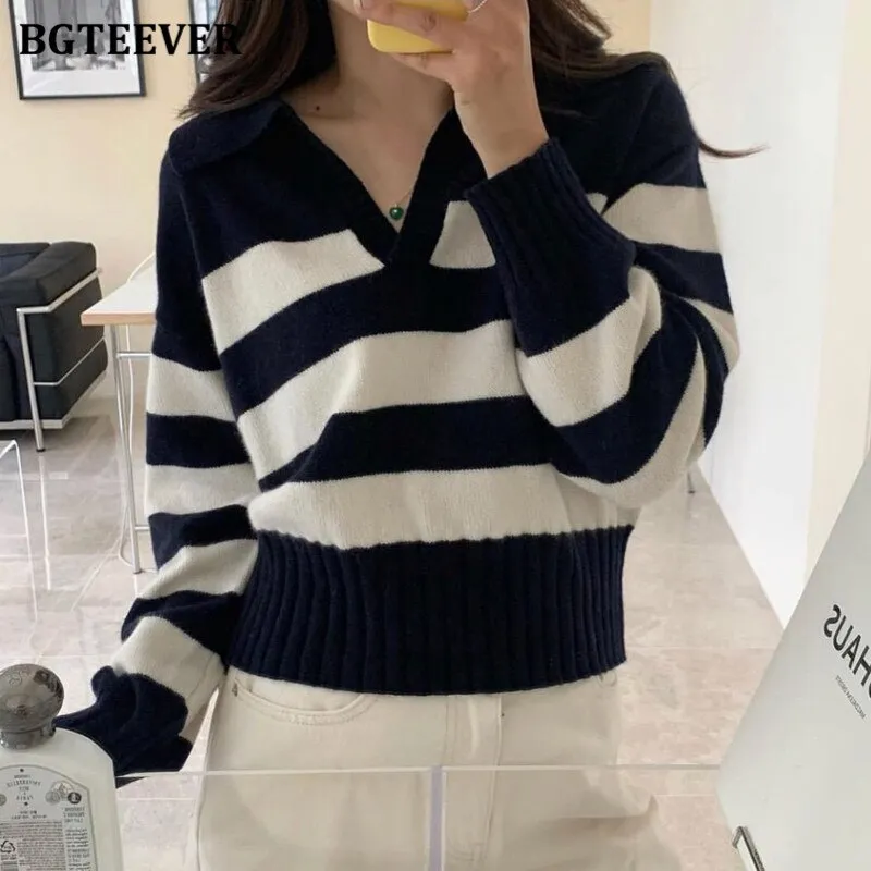 Christmas Gift Joskaa Chic Casual Lapel Knitted Striped Women Sweater 2024 Autumn Winter Ladies Knitwear Long Sleeve Loose Female Pullovers