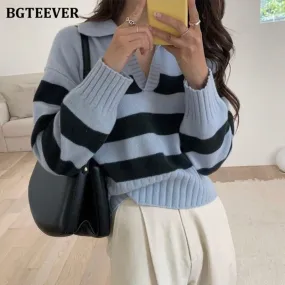 Christmas Gift Joskaa Chic Casual Lapel Knitted Striped Women Sweater 2024 Autumn Winter Ladies Knitwear Long Sleeve Loose Female Pullovers