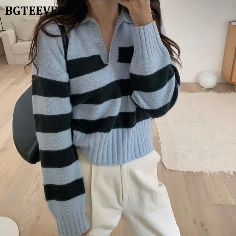 Christmas Gift Joskaa Chic Casual Lapel Knitted Striped Women Sweater 2024 Autumn Winter Ladies Knitwear Long Sleeve Loose Female Pullovers