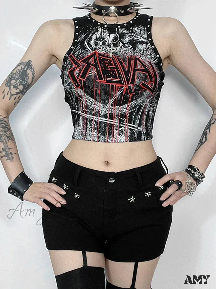 Crop Top Gothic Rivet Graphic Retro Print