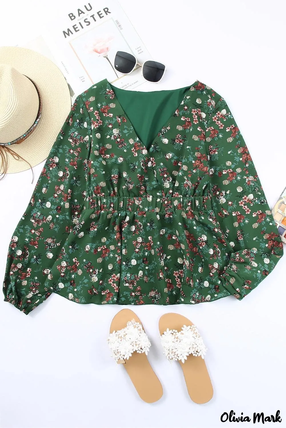 Deanwangkt - Green Floral Print Wrap V-Neck Peplum Top