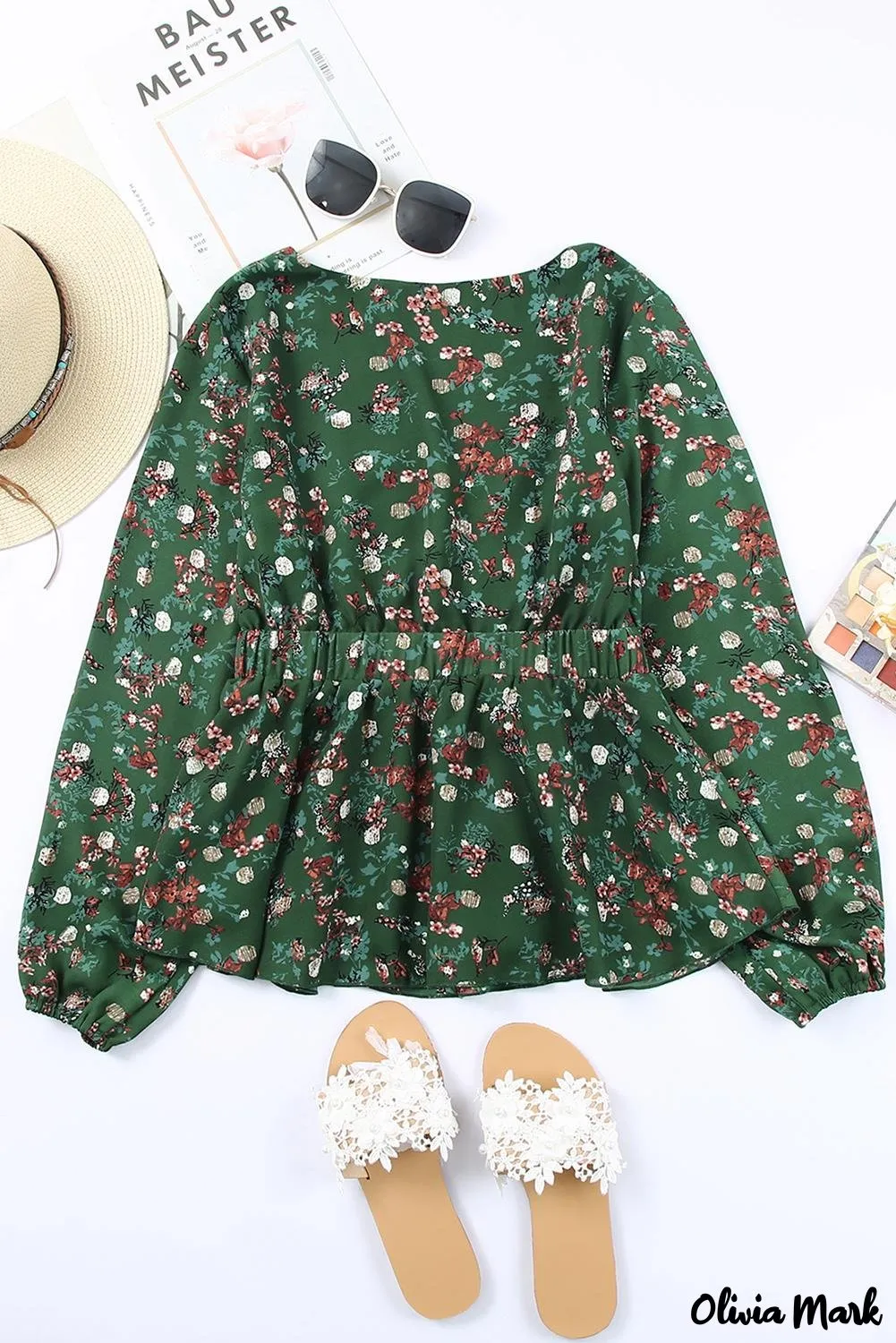 Deanwangkt - Green Floral Print Wrap V-Neck Peplum Top