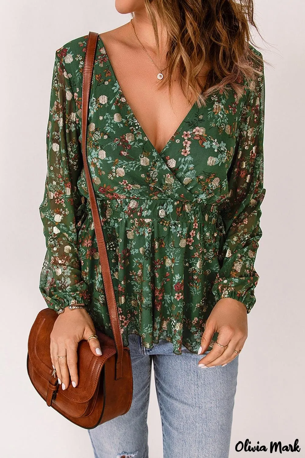 Deanwangkt - Green Floral Print Wrap V-Neck Peplum Top