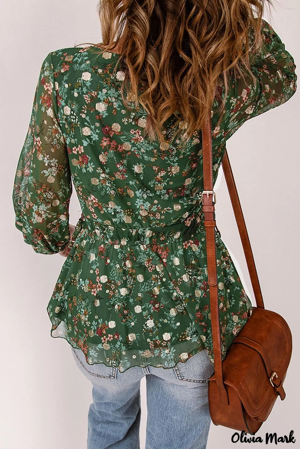 Deanwangkt - Green Floral Print Wrap V-Neck Peplum Top