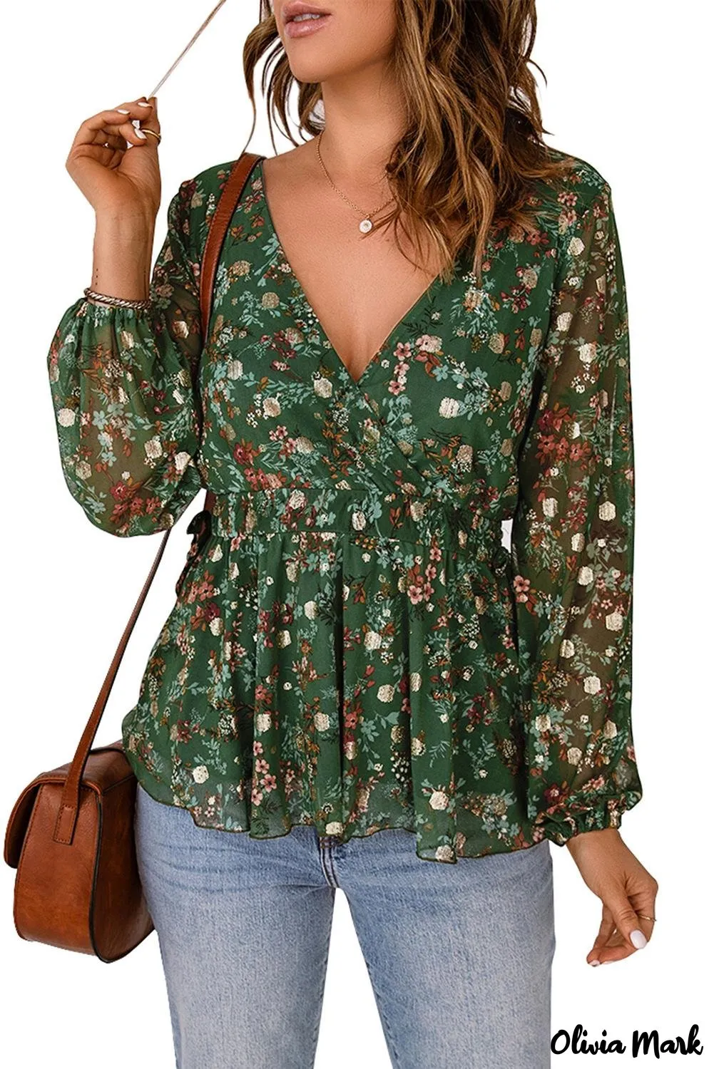 Deanwangkt - Green Floral Print Wrap V-Neck Peplum Top