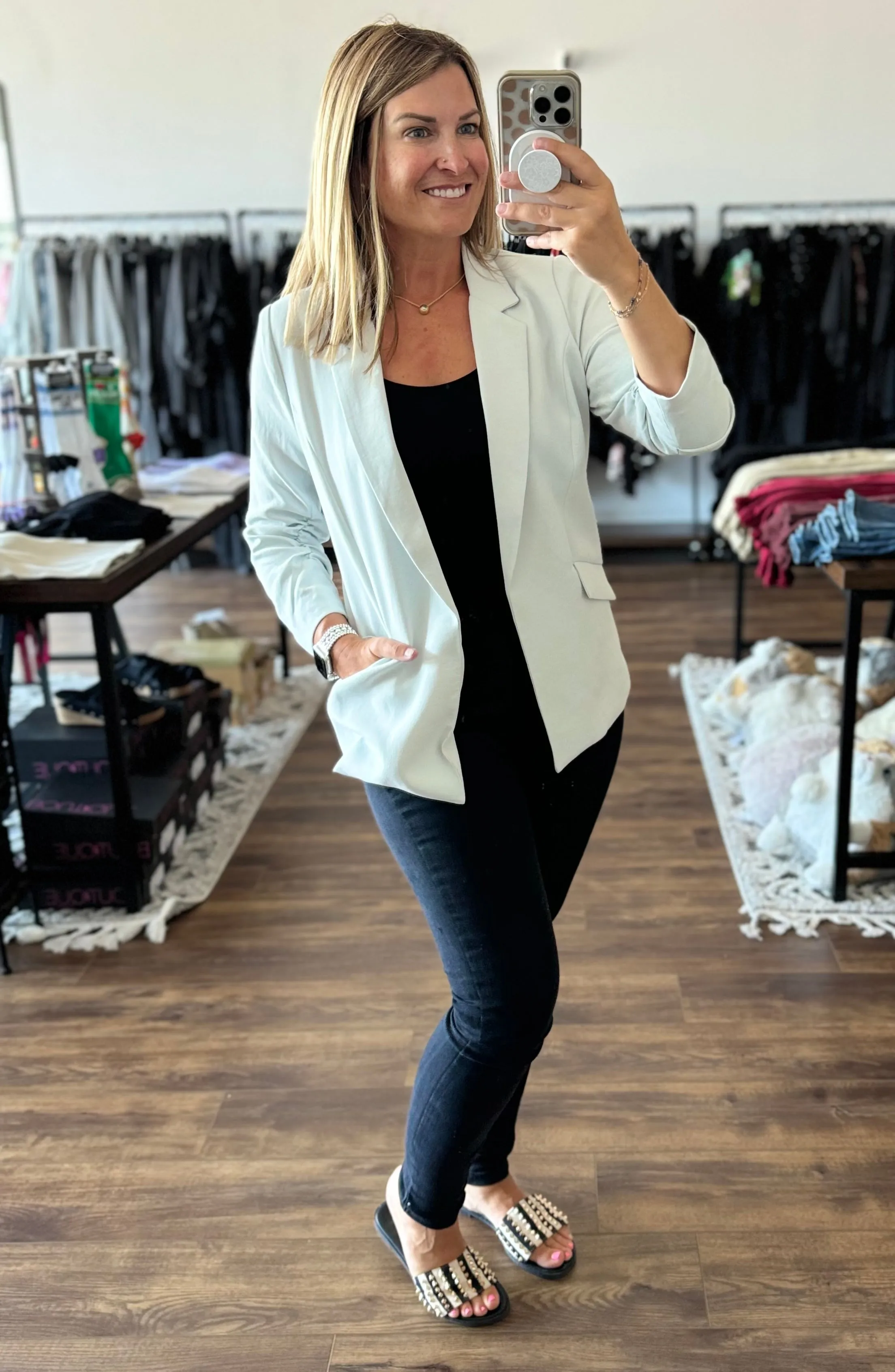 Eco-Friendly Recycled Poly Shirred Sleeve Blazer - Dove Grey