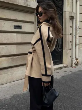 Elegant Contrast Woolen Belts Long Sleeve Pockets Casual Coats