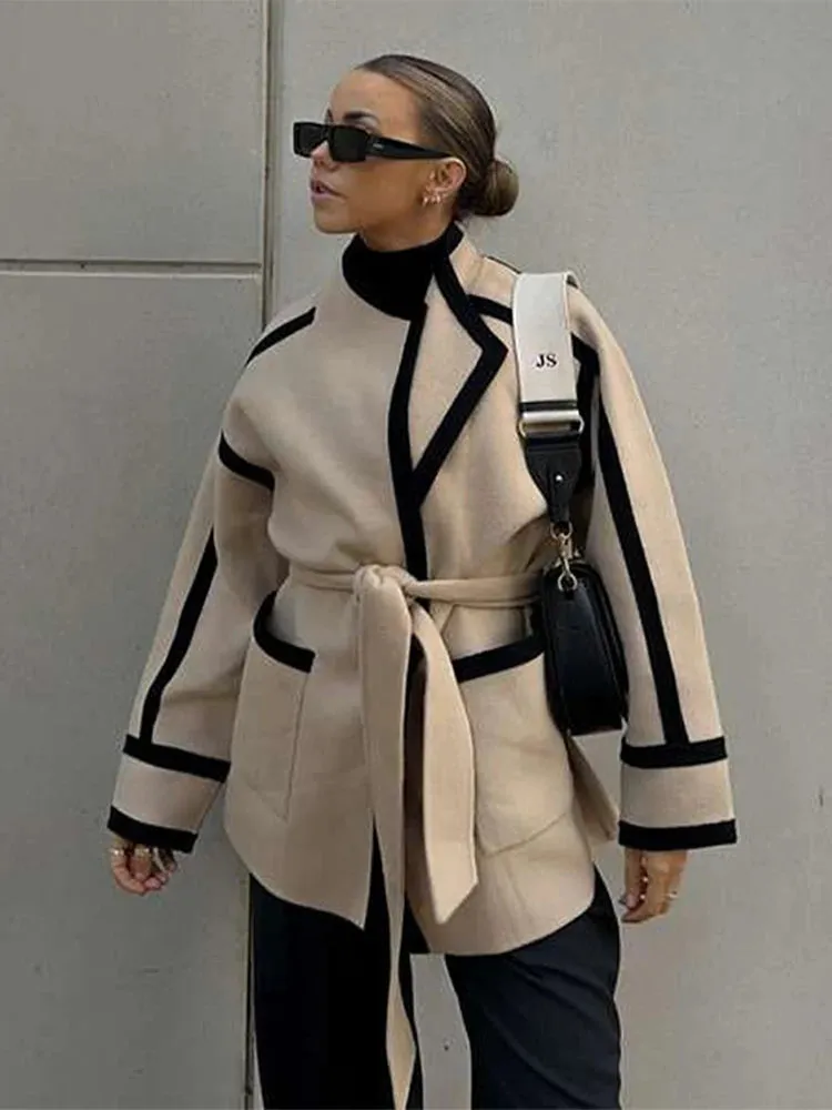 Elegant Contrast Woolen Belts Long Sleeve Pockets Casual Coats