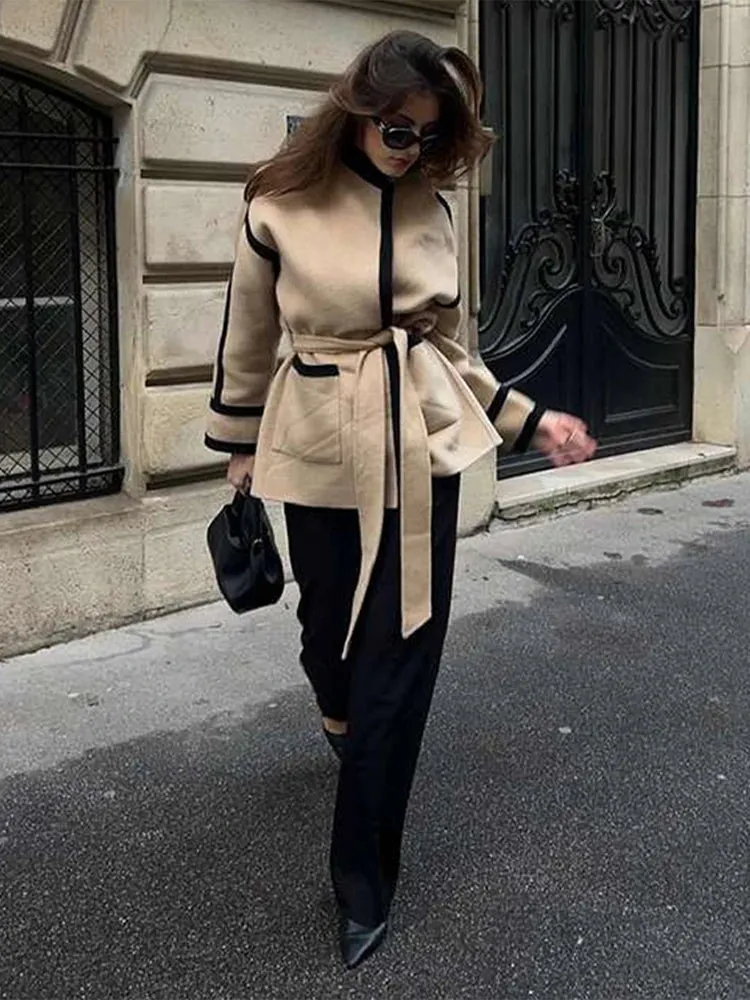 Elegant Contrast Woolen Belts Long Sleeve Pockets Casual Coats