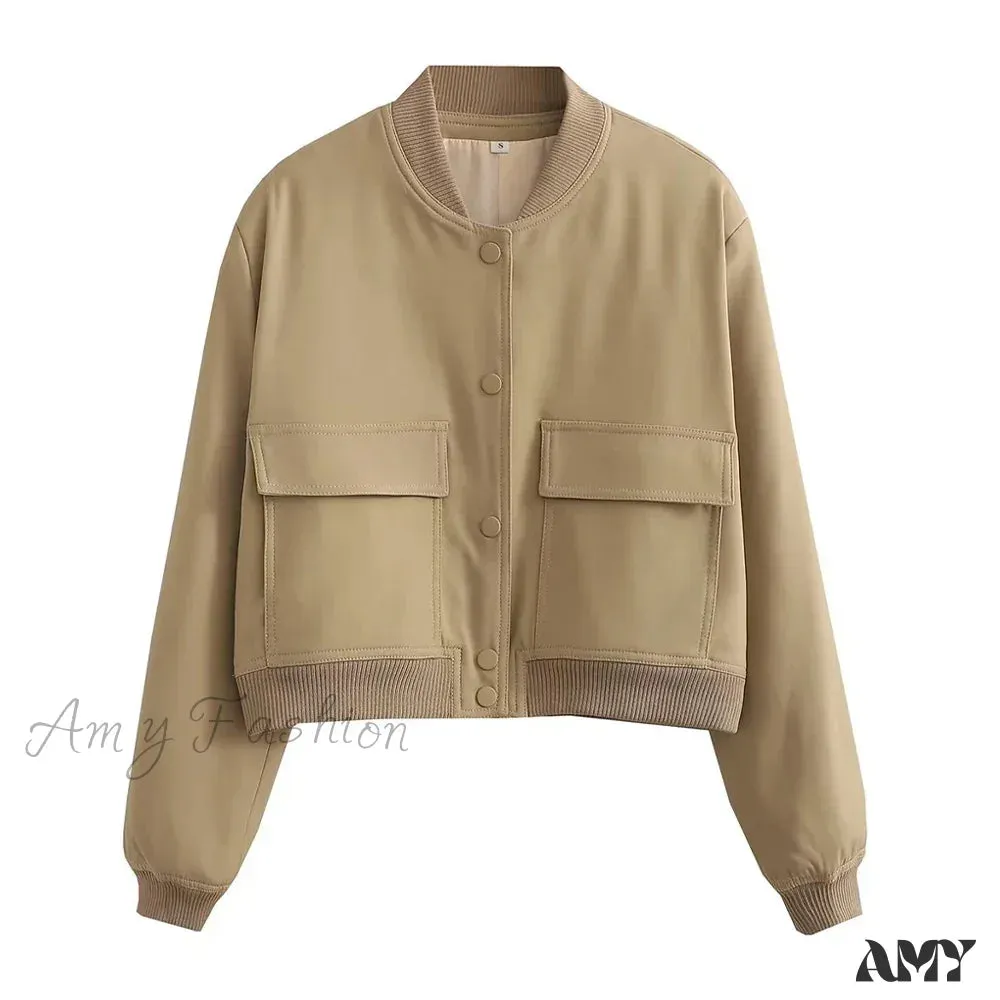 Fashion With Pockets Bomber Vintage Long Sleeve Front Button Casual Chic Jacket