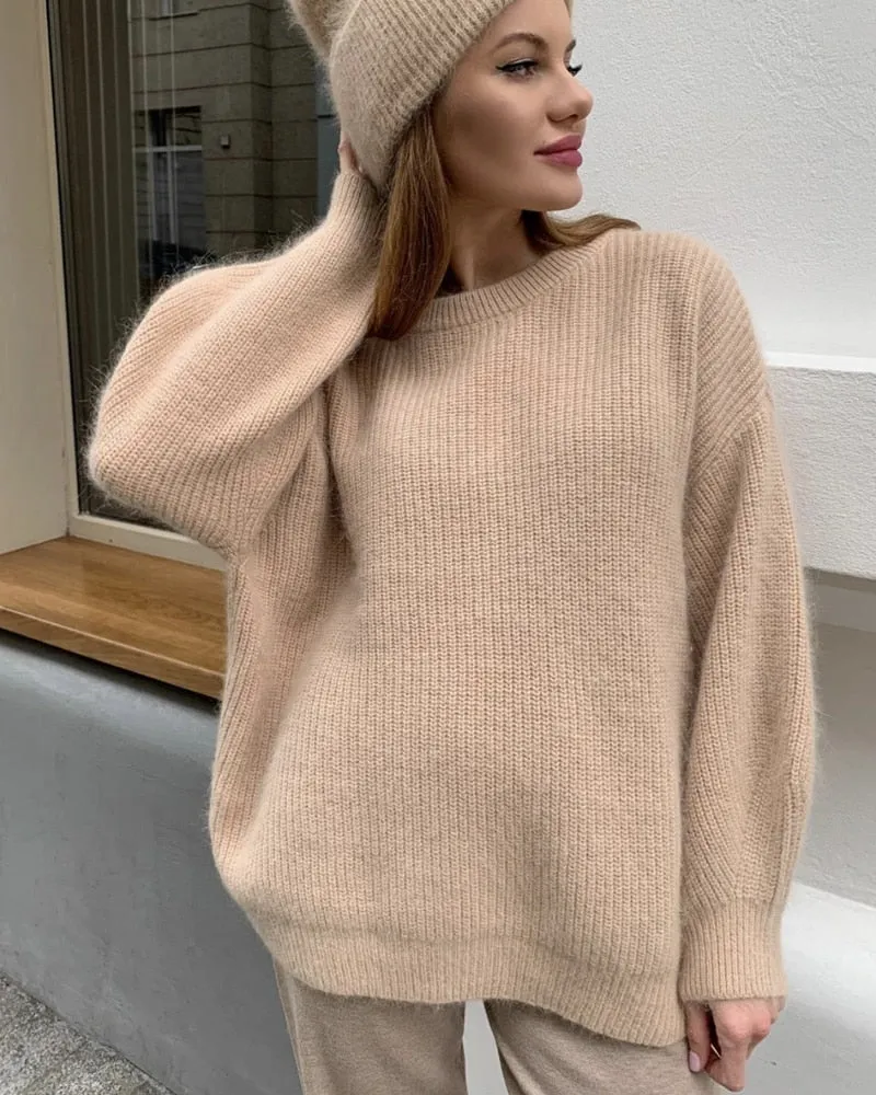 Fashionkova  Soft Imitation Mink Knitted Sweater Women Winter Loose Solid Striped Pullovers Fall Warm Lazy Oaf Knitwear Female Jumper