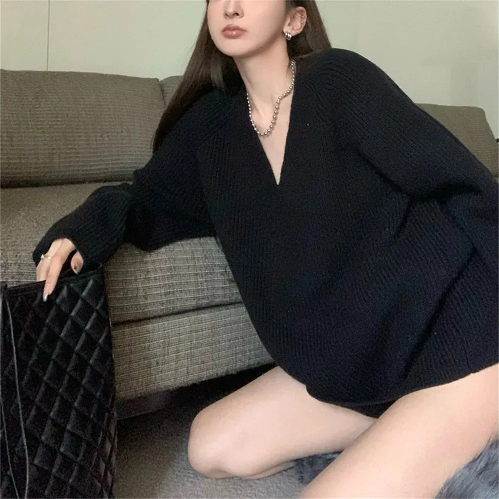 Girlary Elegant Sweaters Women Chic Solid New Fashion Oversize Casual Warm Hot Pullovers Winter All Match V-Neck Knitted