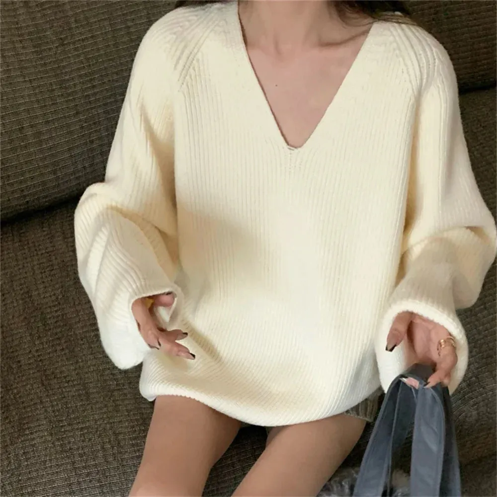 Girlary Elegant Sweaters Women Chic Solid New Fashion Oversize Casual Warm Hot Pullovers Winter All Match V-Neck Knitted