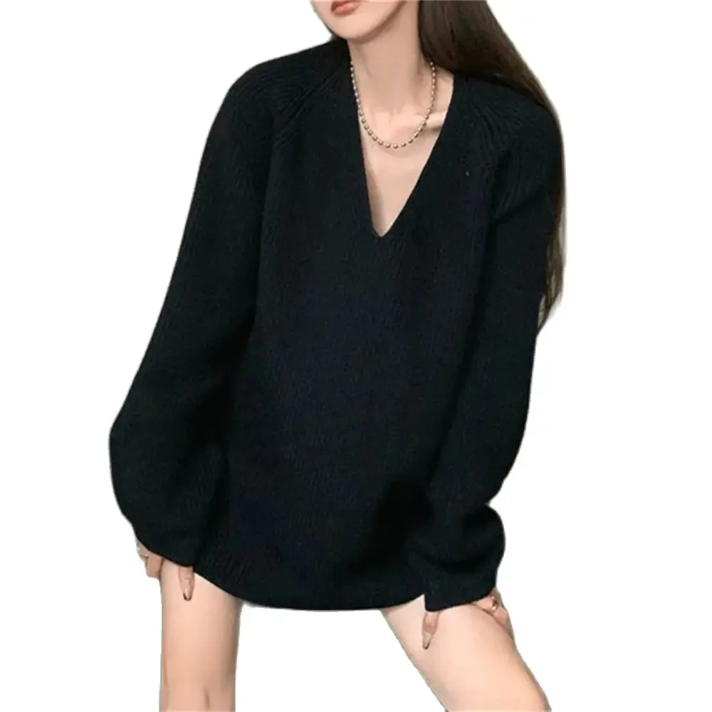 Girlary Elegant Sweaters Women Chic Solid New Fashion Oversize Casual Warm Hot Pullovers Winter All Match V-Neck Knitted