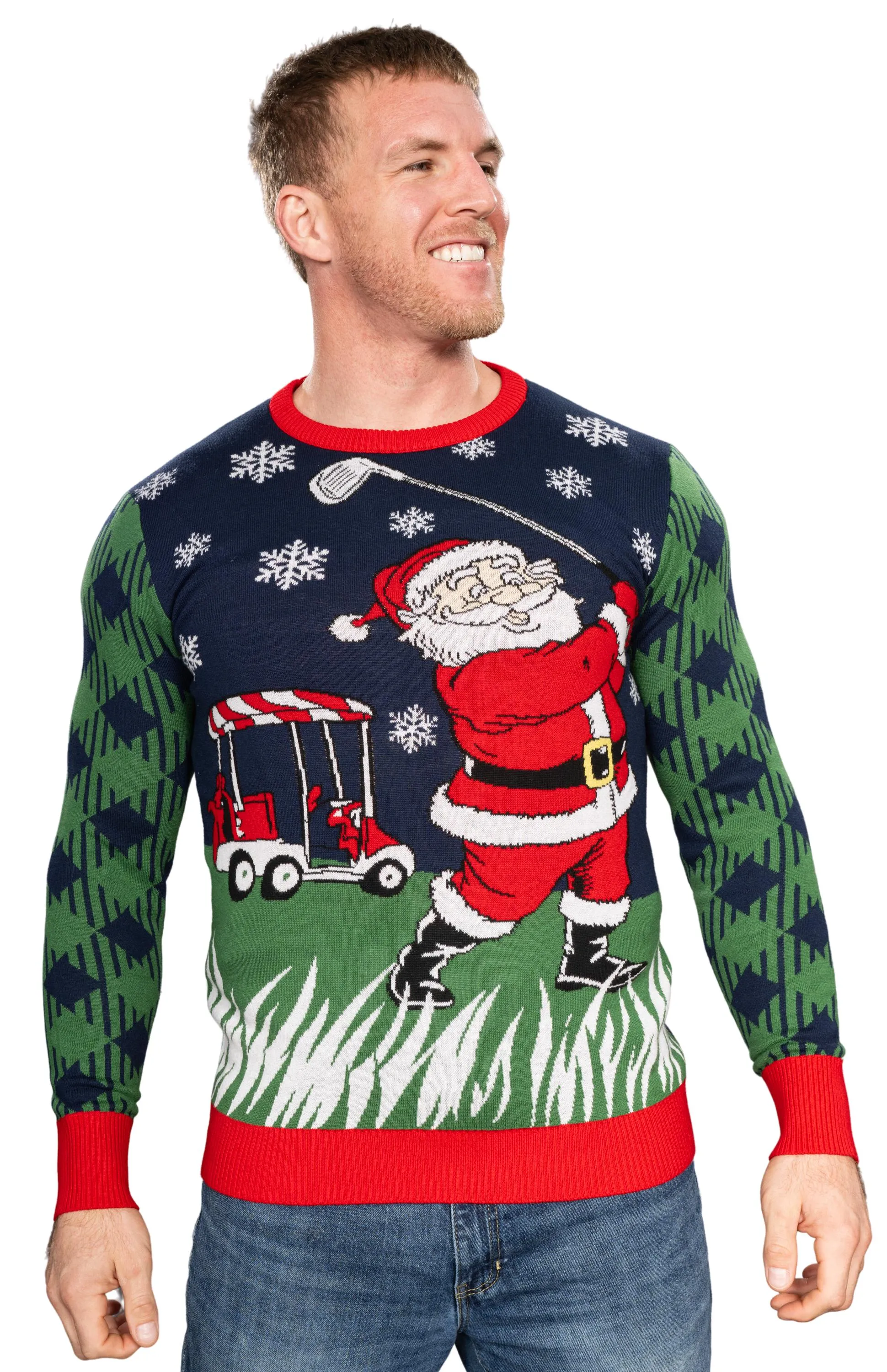 Golfing Santa Claus Playing Golf Snowflakes Knitted Ugly Christmas Sweater