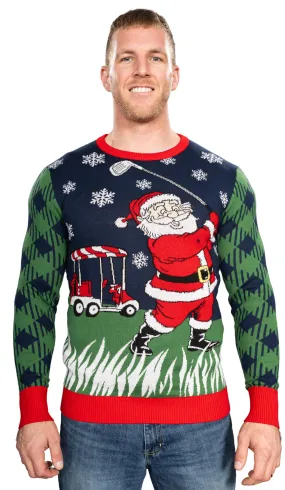 Golfing Santa Claus Playing Golf Snowflakes Knitted Ugly Christmas Sweater