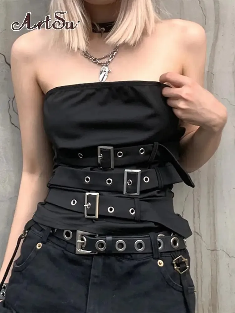 Gothic Eyelet Bandage Design Punk Black Sleeveless Crop