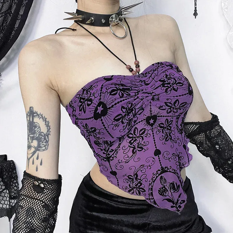 Gothic Irregular Crop Sexy Halterneck Flocked Bandeau Backless Top