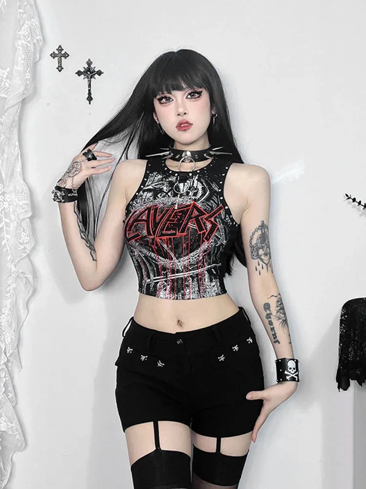 Gothic Print Crop Rivet Graphic Retro Top