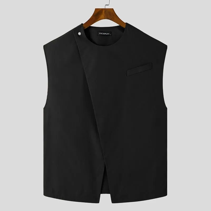 Jinquedai Fashion Men Vests O Neck Sleeveless All-match Irregular Waistcoats Men Solid Color Streetwear Casual Vests S-5XL