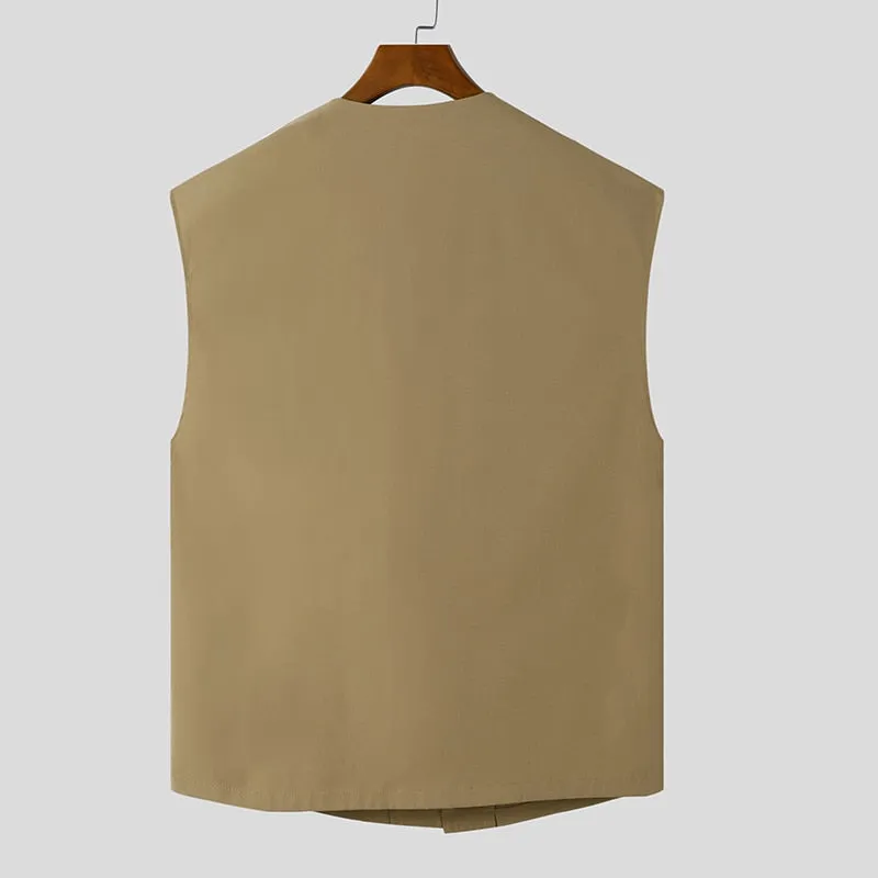 Jinquedai Fashion Men Vests O Neck Sleeveless All-match Irregular Waistcoats Men Solid Color Streetwear Casual Vests S-5XL