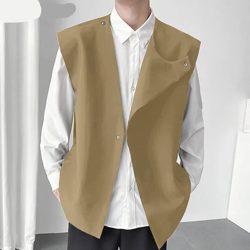 Jinquedai Fashion Men Vests O Neck Sleeveless All-match Irregular Waistcoats Men Solid Color Streetwear Casual Vests S-5XL