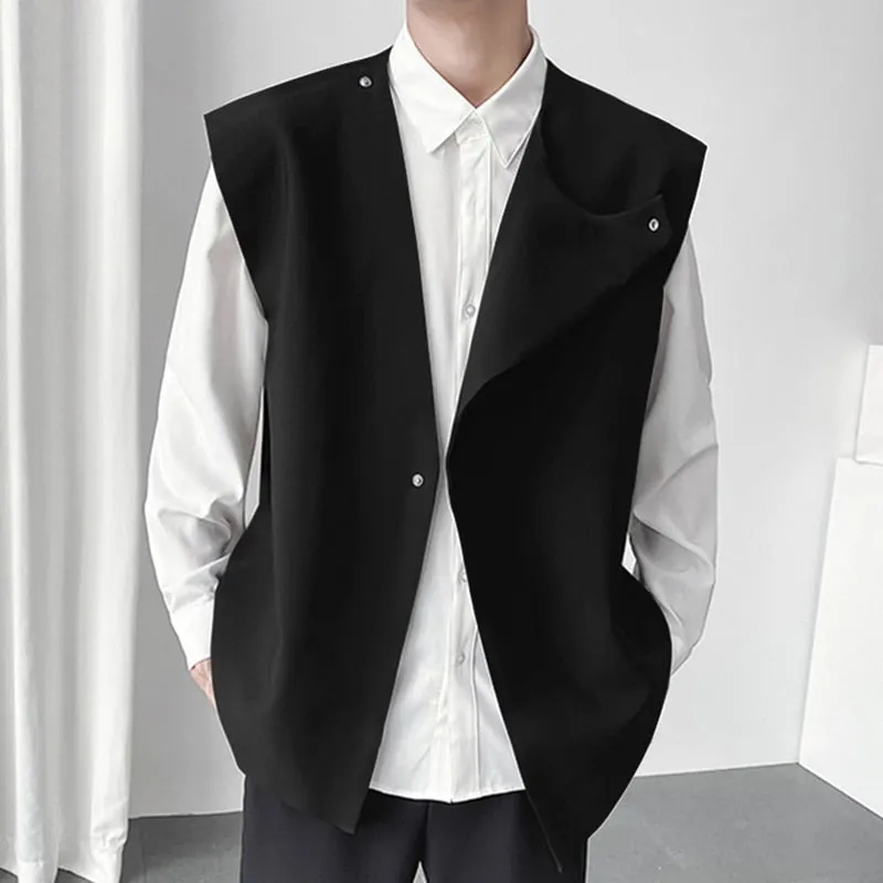 Jinquedai Fashion Men Vests O Neck Sleeveless All-match Irregular Waistcoats Men Solid Color Streetwear Casual Vests S-5XL