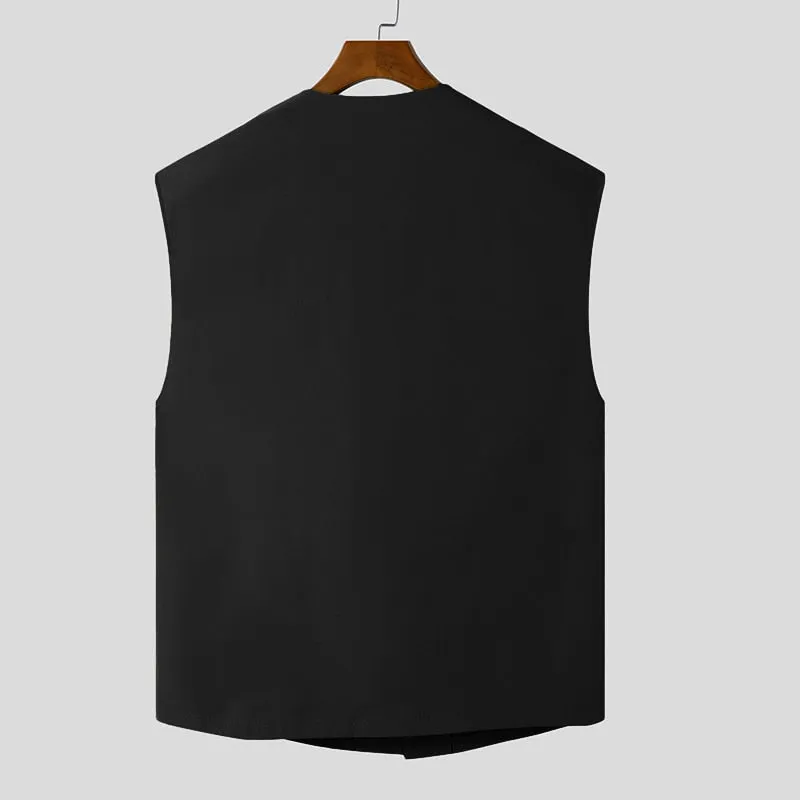 Jinquedai Fashion Men Vests O Neck Sleeveless All-match Irregular Waistcoats Men Solid Color Streetwear Casual Vests S-5XL