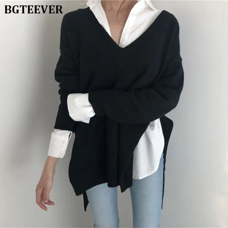 Joskaa 2024 New Irregular Women Sweater V-neck Lace Up Female Knitted Pullovers Long Sleeve Sweater Autumn Winter Knitted Jumpers