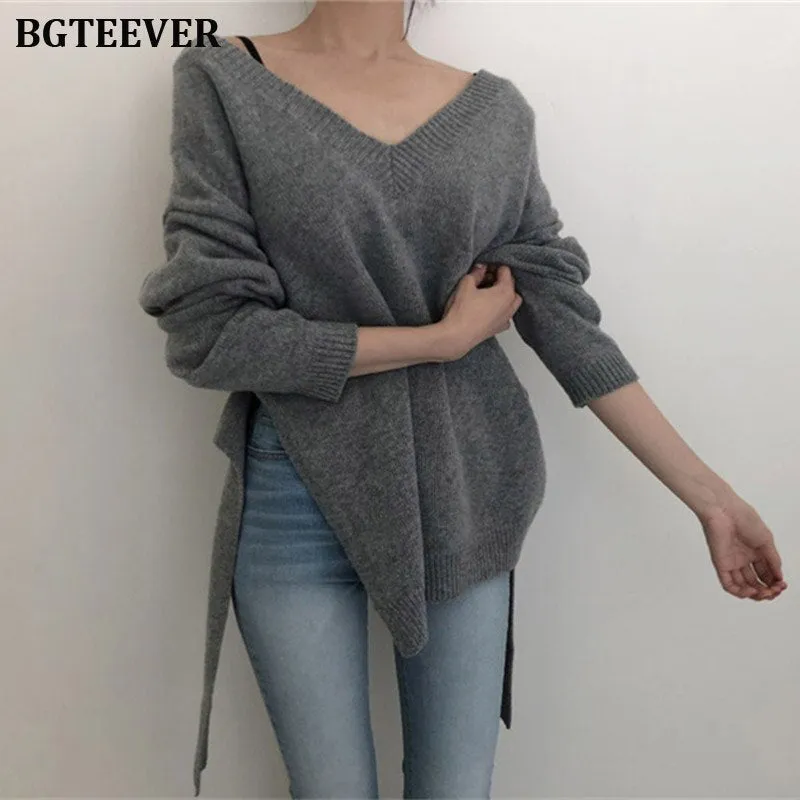 Joskaa 2024 New Irregular Women Sweater V-neck Lace Up Female Knitted Pullovers Long Sleeve Sweater Autumn Winter Knitted Jumpers